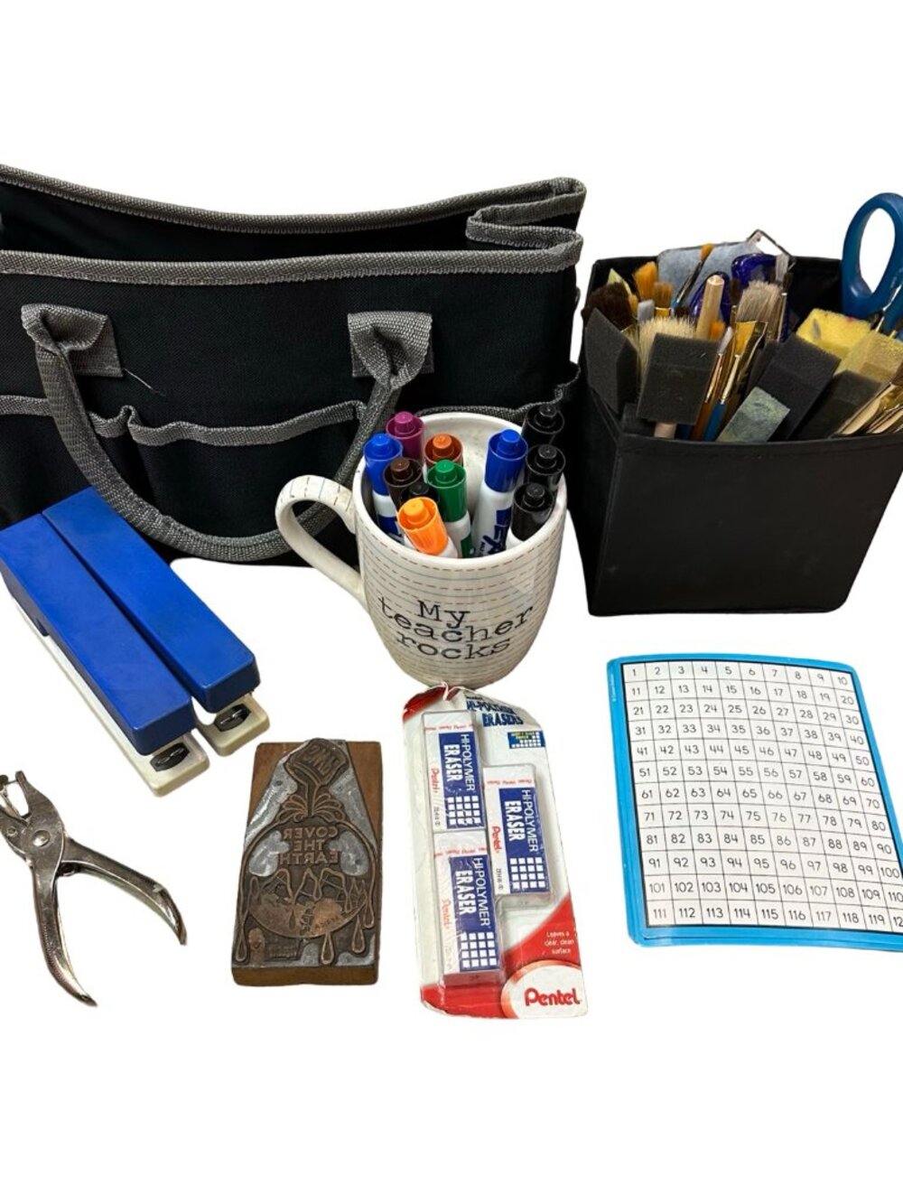 Teacher Classroom Supply Lot Tote Mug Paint Brushes Erasers
